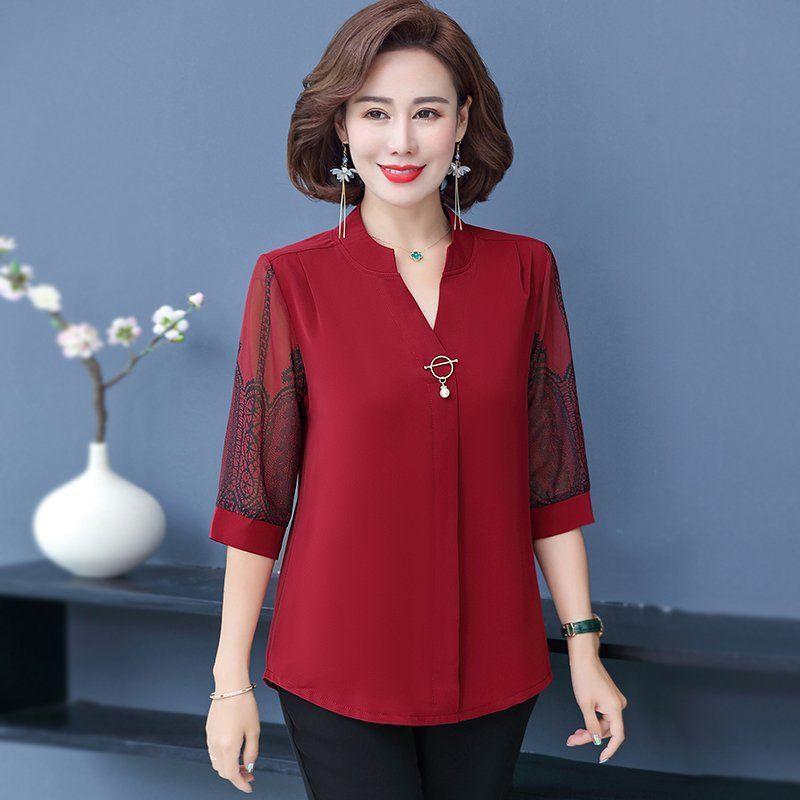 

Корейские рубашки, топы, женские блузки, офисные шифоновые рубашки, элегантные женские топы с V-образным вырезом и рукавом 3/4, blusas L красный