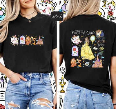 2025 Disney Schattig Belle en het Beest T-shirt Zomer Cartoon Grafisch Dames Casual Ronde Hals 100% Puur Katoen Bedrukt T-shirt