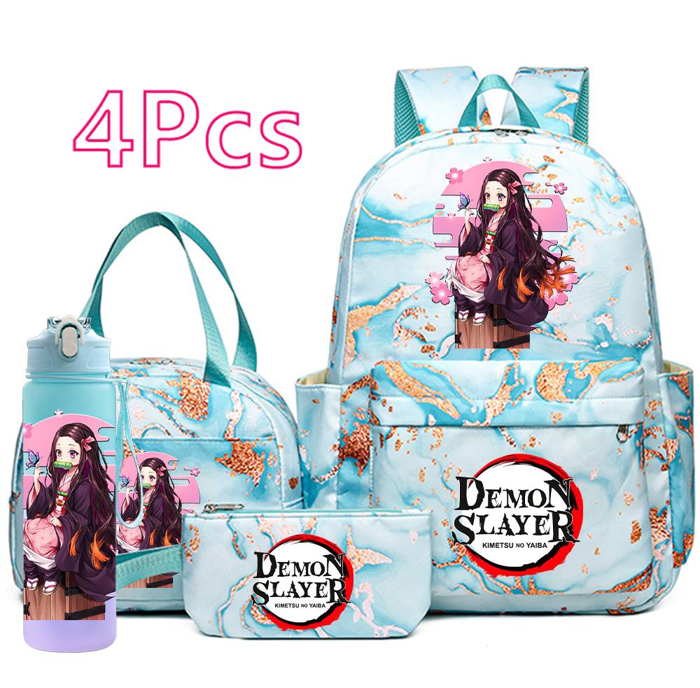 4-teiliges Set mit aufgedrucktem Demon Slayer-Cartoon-Rucksack, Handtasche, Federmäppchen und 750-ml-Trinkflasche für Teenager (Jungen und Mädchen) – große Kapazität, wasserdichter Schulrucksack