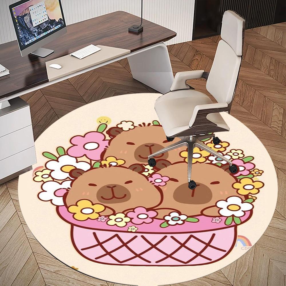 1PC Basket Flowers Capybara Round Chair mat Area Rug - Non-Slip, Floor Mat for Office, Bedroom, home decor Christmas Gift c0528069