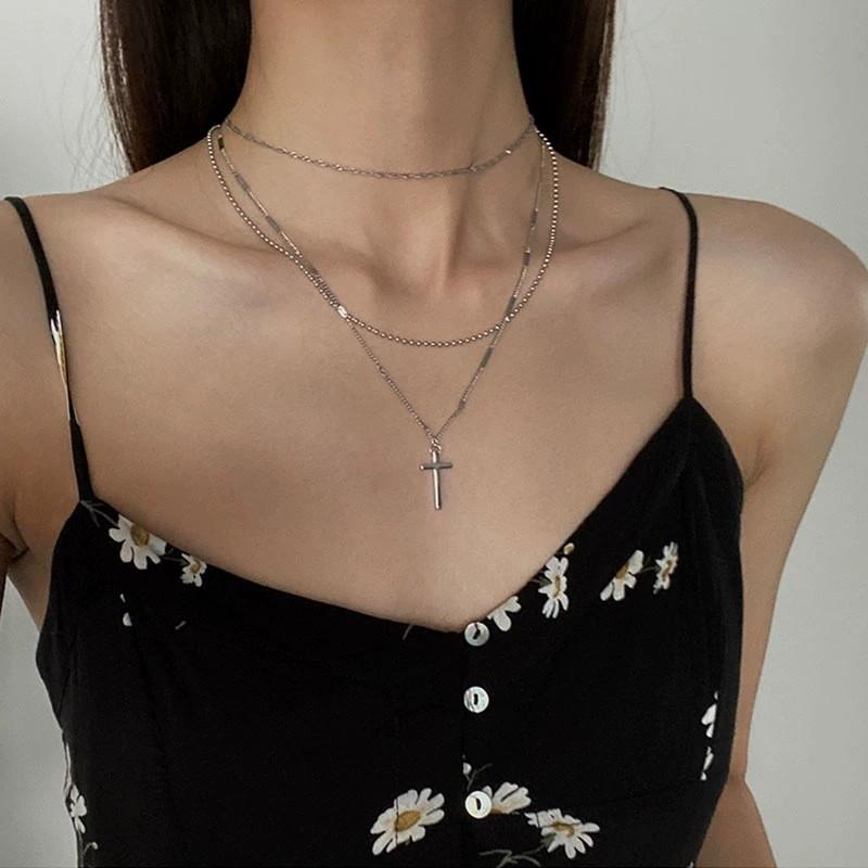 Unordered Pearl Cross Necklace With Handcrafted Alloy Chain For Unisex Fashion Accessory