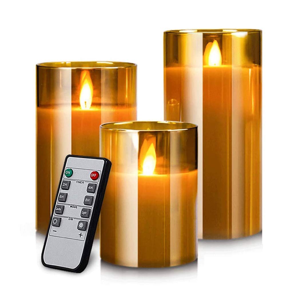 AnnTec LED Candle LED Flickers Like a Real Warm with Remote Adjustable Light, Glass, Gold, 3-Piece Set, Flame, Light, Flameless, Safe, Energy-Saving,