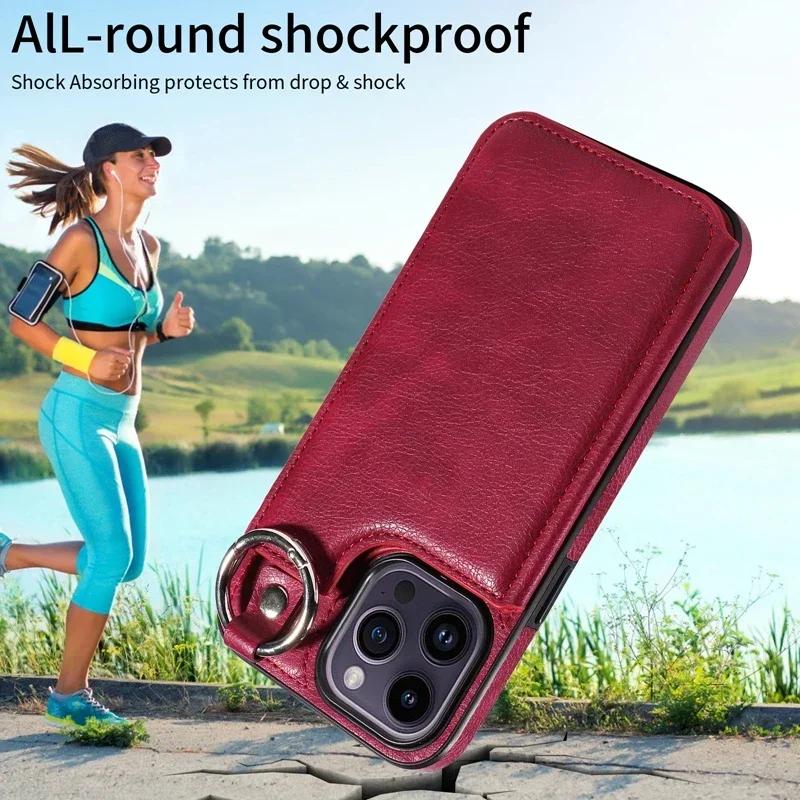Wallet Magnetic Drop Lifting Ring Leather Cover For iPhone 16 Pro Max 15 Plus 14 13 12 11 SE X XS XR XS Max 8 7
