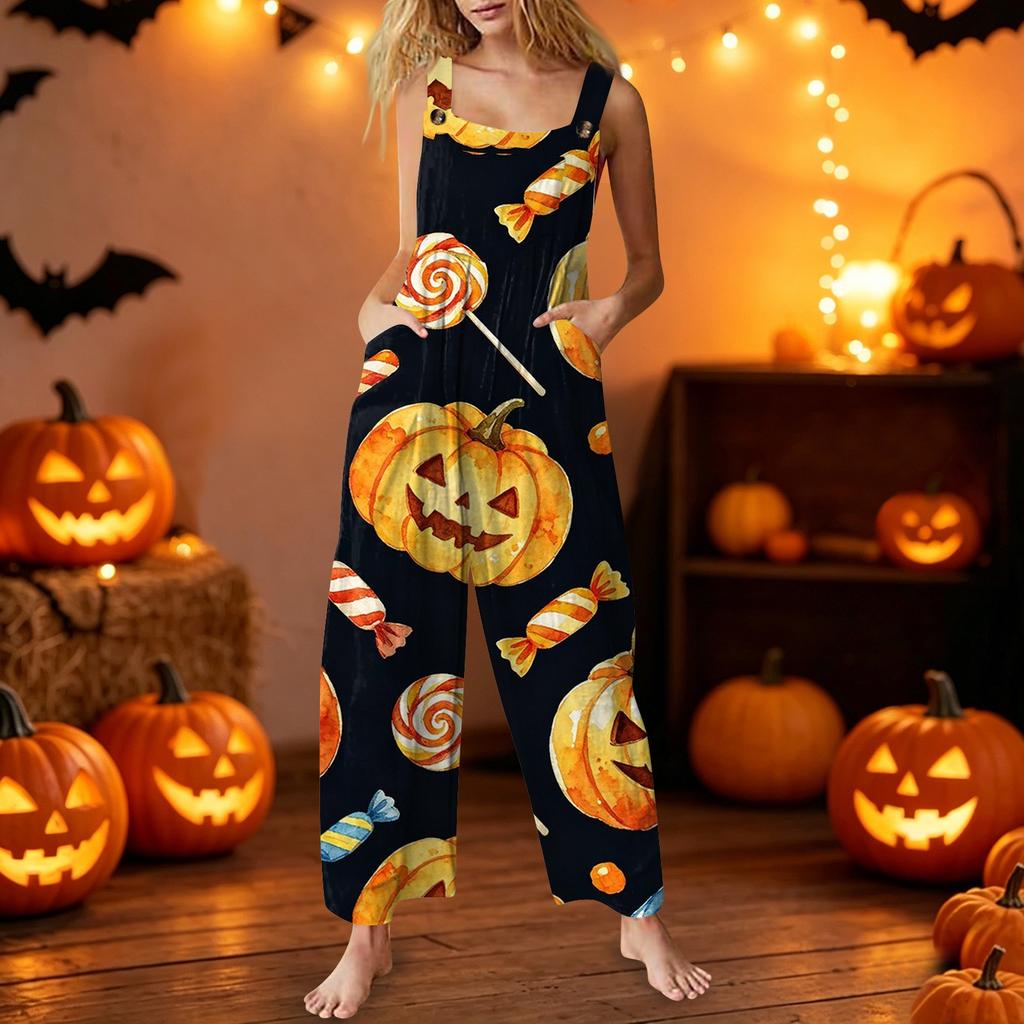 Women's Sleeveless Jumpsuit Halloween Pumpkin Print Cotton Casual Overalls Wide Leg Romper