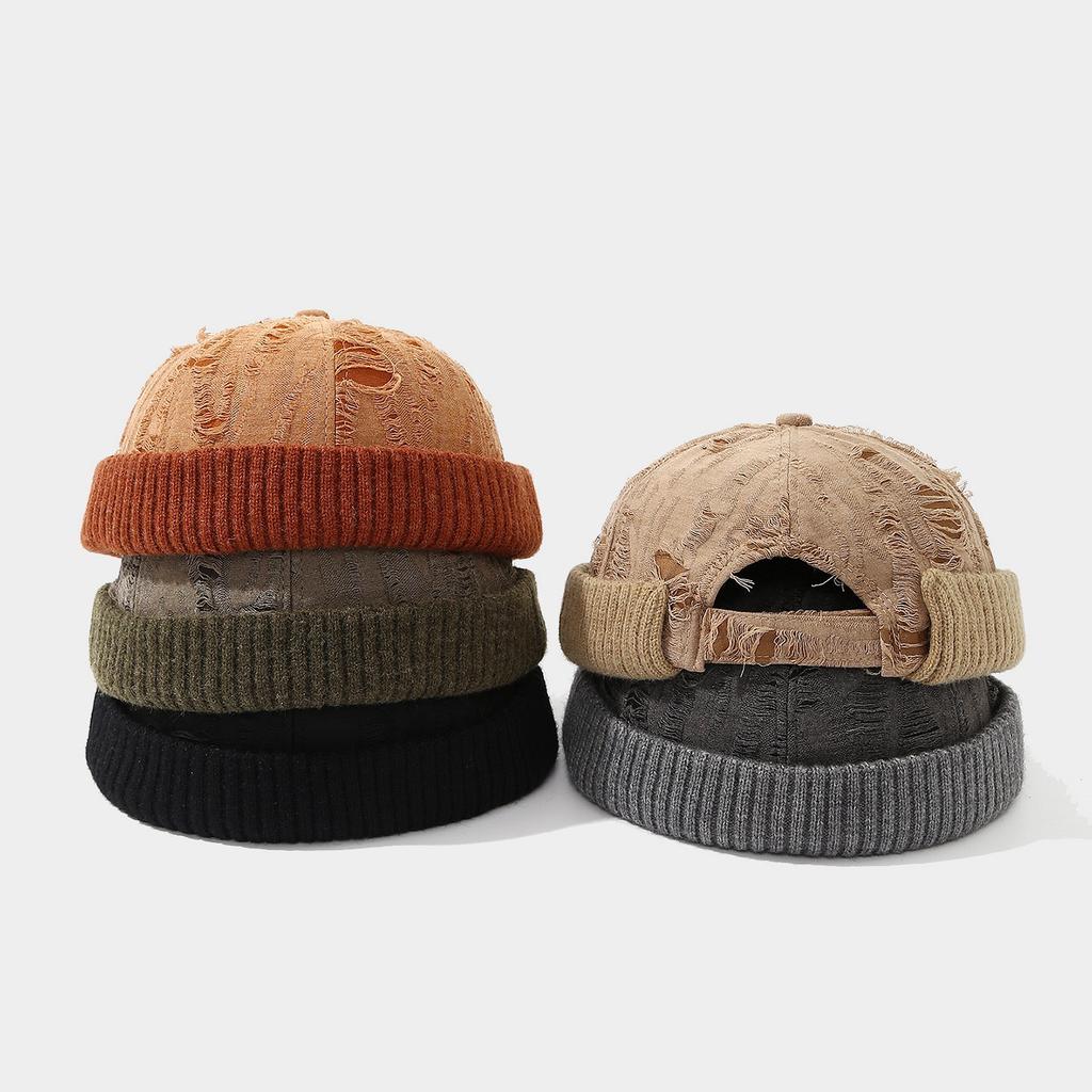 Trendy and Stylish Distressed Retro Color-Block Skull Cap - Autumn and Winter New Korean-Style Face-Slimming Beanie, Unisex Hat