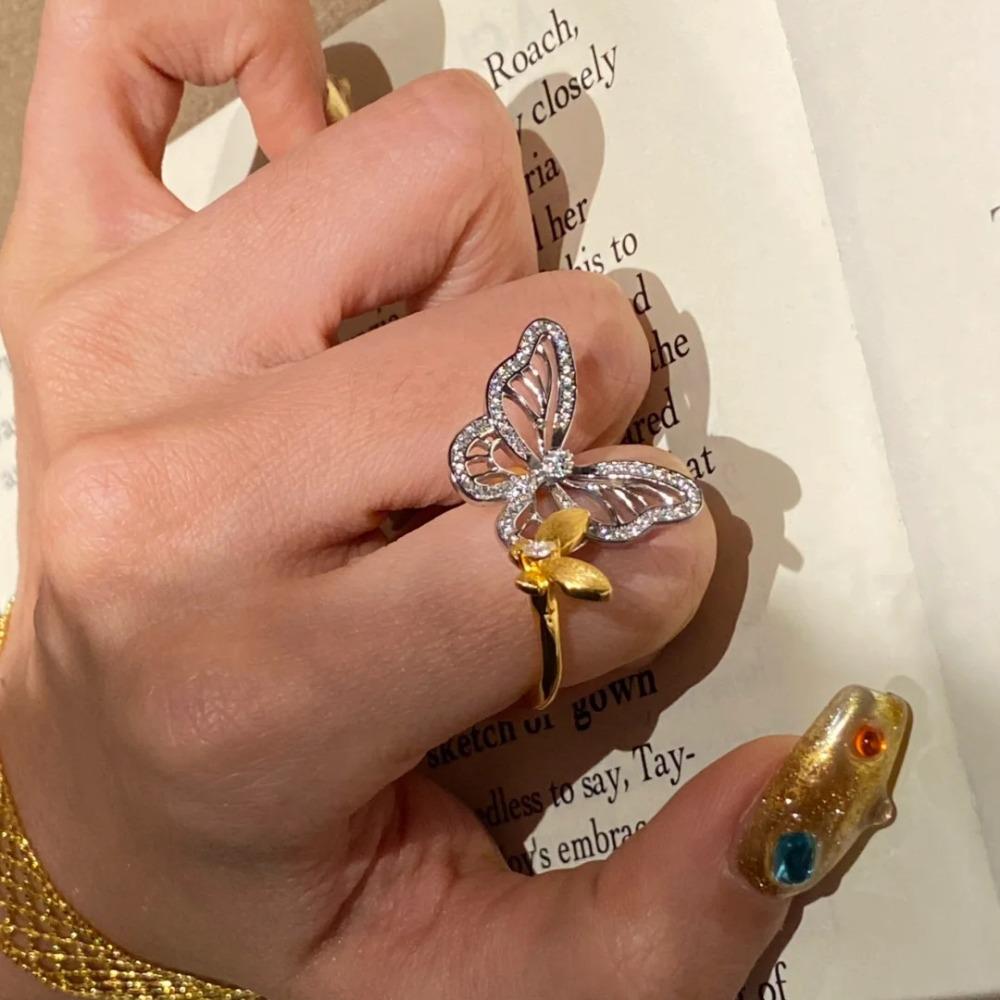 Vintage Twin Butterfly Open Ring Women Elegant Two Tone Gold Butterfly Micro Inlay Sweet Fairy Fashion Ring