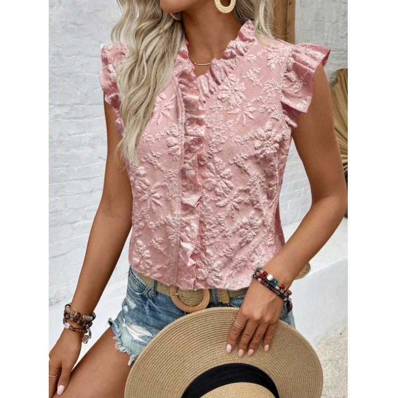 Women's Summer Lace-Trimmed Short-Sleeve Pullover with V-Neck: A Sweet and Feminine Top