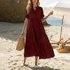 Damen Lässiges Kurzarm Maxikleid V-Ausschnitt Lockerer Schnitt Stufiger Rüschensaum Leichtes Sommerkleid mit Taschen