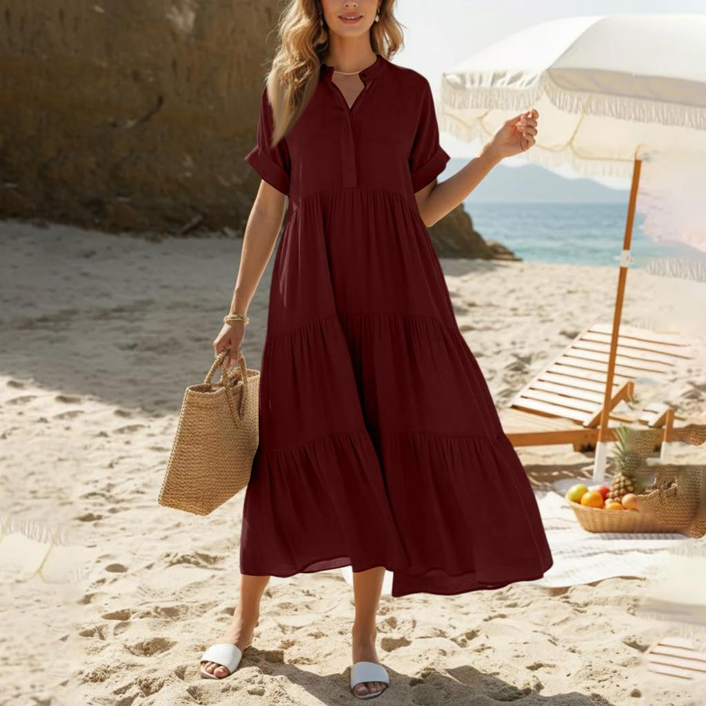 Damen Lässiges Kurzarm Maxikleid V-Ausschnitt Lockerer Schnitt Stufiger Rüschensaum Leichtes Sommerkleid mit Taschen