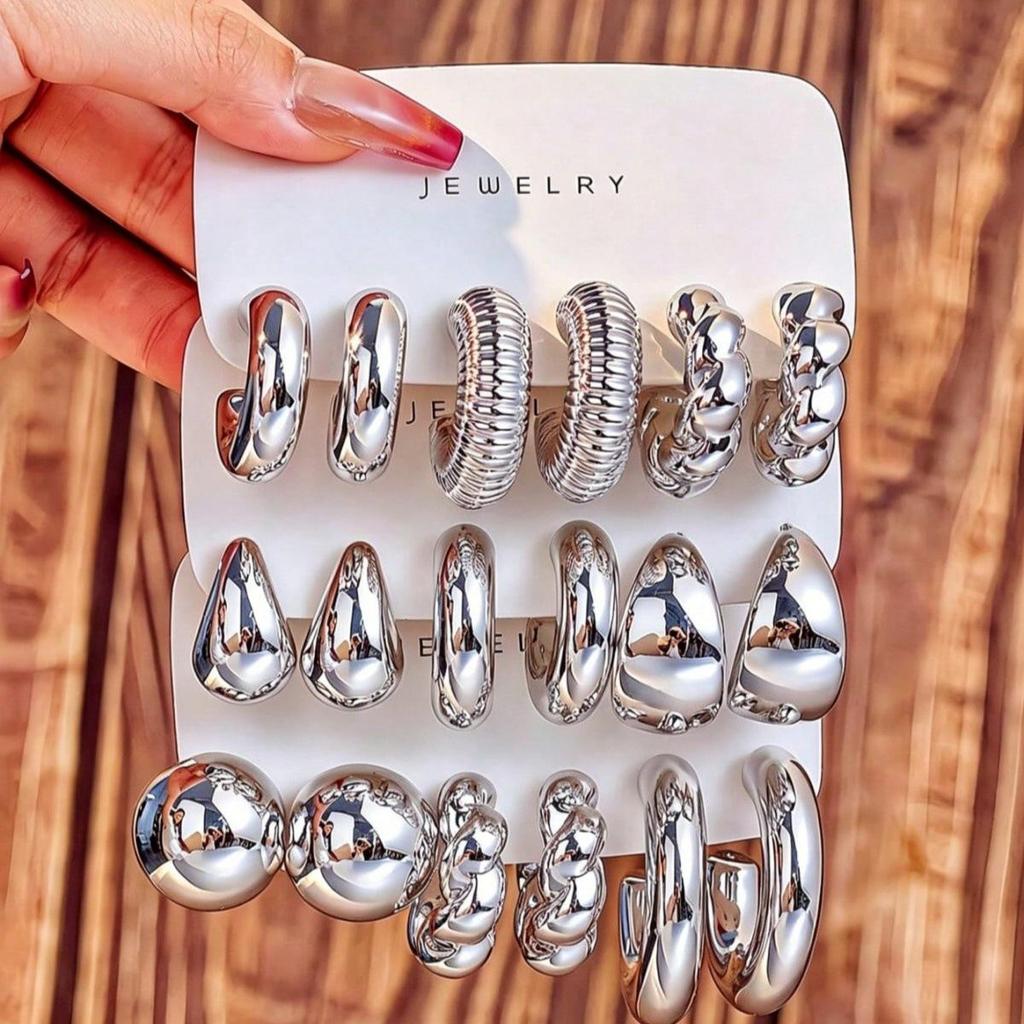 European and American Fashion C-shaped Twist and Water Drop Earrings, 3-Piece Geometric Set for Women.
