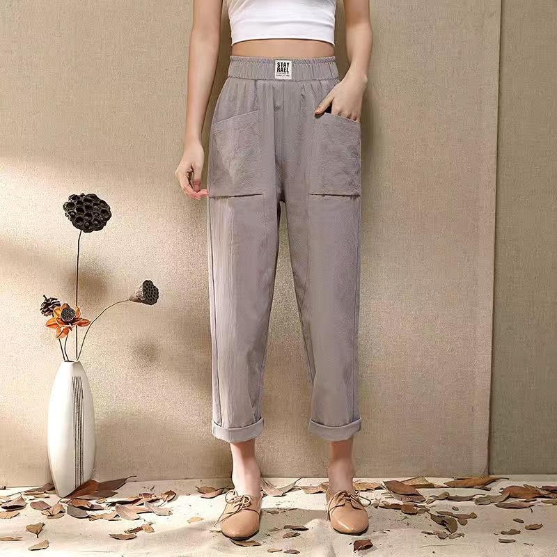 Sommer Baumwolle und Hanf Damen Einfarbig Cropped Hosen Große Größe Harems Hose Freizeithose