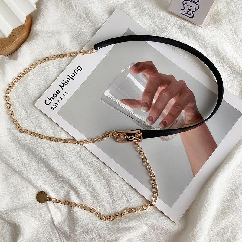 Thin Belt Women Metal Chain Black Pu Leather Splicing Belt Trendy Shirt Decoration Suit Matching All-Match Dress Shirt Chain