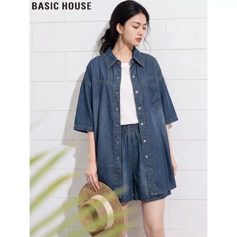 Basic House Women s Denim Shirt & Hot Pants Set L