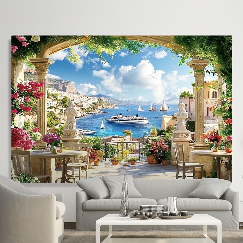 1 2D Chic Italian Garden Terrace and Mediterranean Bay Landscape Banner - Multiple Sizes To Choose from