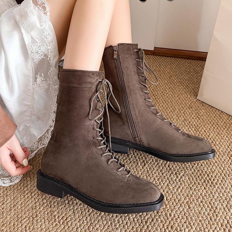 Fashion Fashion Cross Lace Up Mid Calf Boots Women Autumn Winter Low Heels Faux Suede Boots Woman Zipper Square Toe Short Booties Mujer