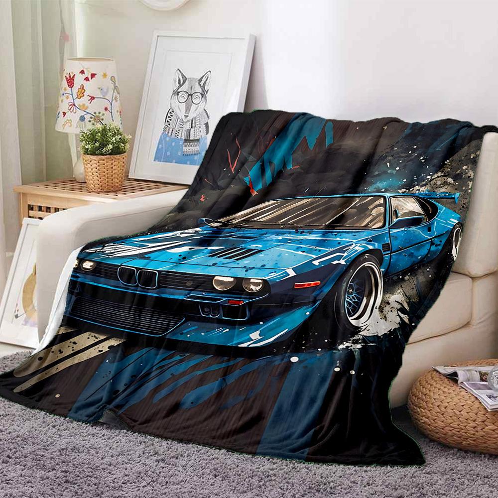 1PC Blue Car Art Blanket, Throw For Sofa, Bed, Travel, Camping, Livingroom,