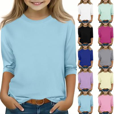 Children's 3/4 Sleeve O-neck Top Solid Color Daily Casual