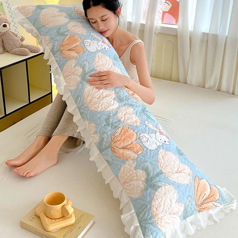 Skin Friendly and Breathable Four Season Cotton Lace Double Pillowcase for Couples Thick and Long Pillow Core Home Bedside Backrest Bedclothes