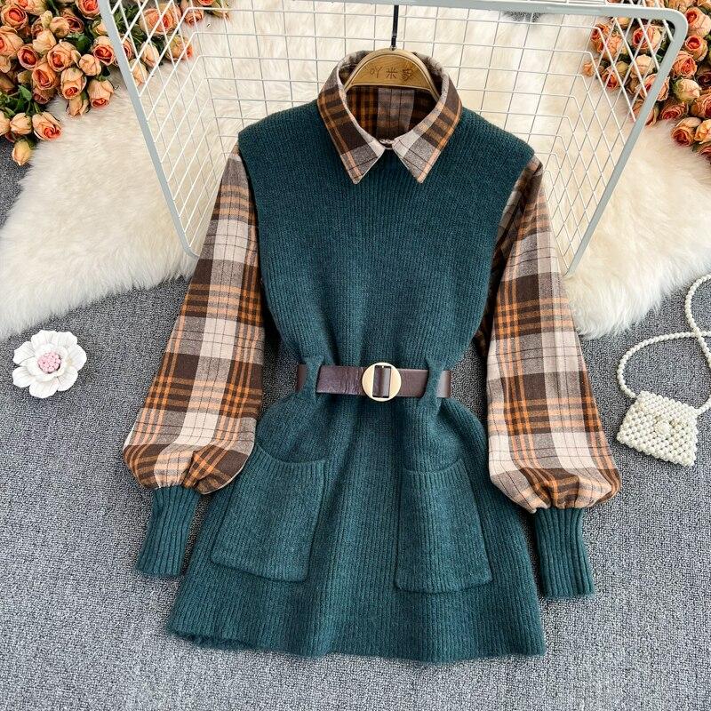 Autumn/winter Fashion Suit Western Style Plaid Shirt + Sweater Vest Knit Two-piece Set