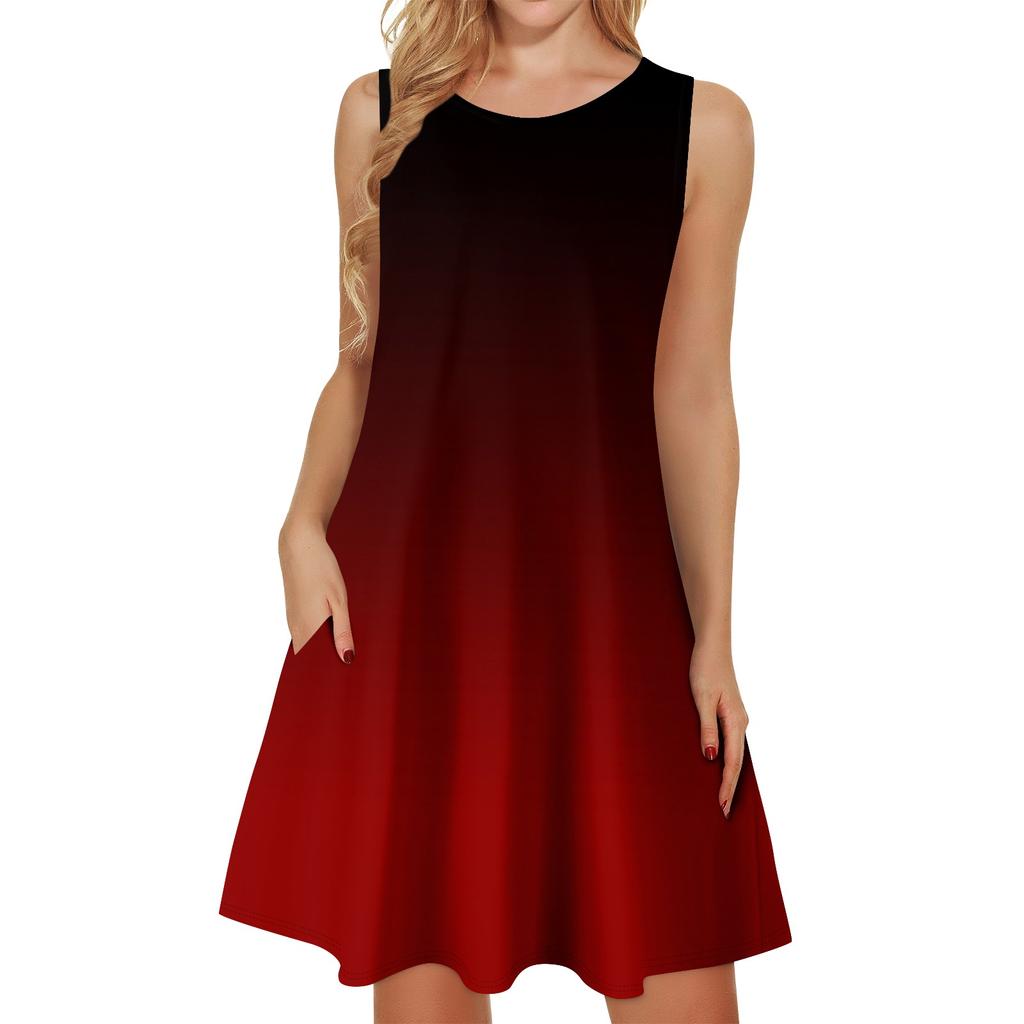 Damen Sommerkleider Lockerer U-Ausschnitt Ärmelloses Sommerkleid Kleid Mit Taschen