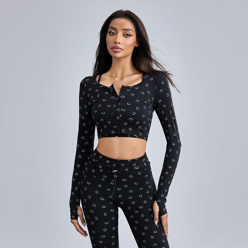 

South Korea Smiling Face Print Yoga Clothes Women s Elastic Breathable Workout Clothes Long Sleeves Sports Midriff Outfit Short Bell-Bottom Pants Suit Black Sports Cardigan L
