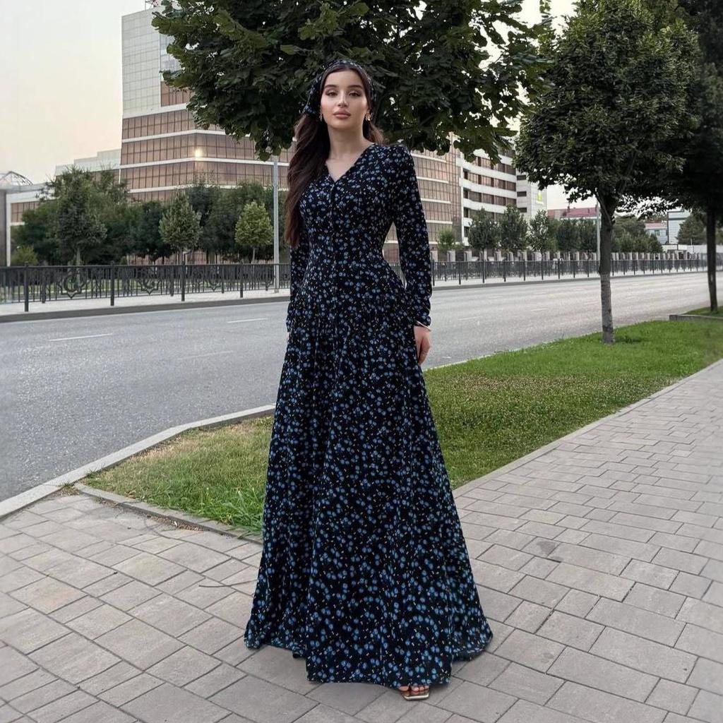 Elegant Autumn 2025 V-Neck Retro Floral Dress - European & American Style Waist-Cinching Women's Fashion