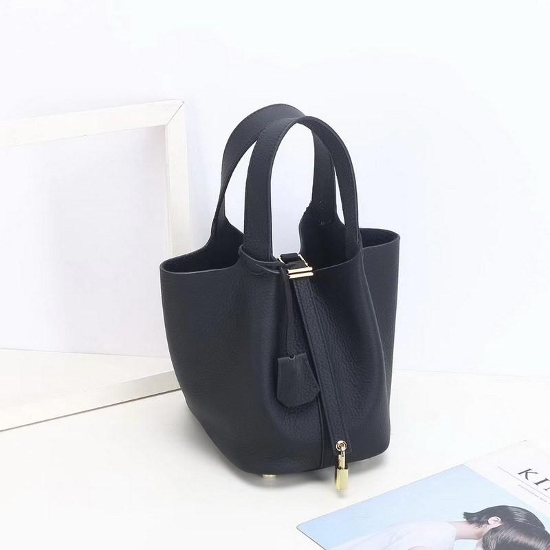 First-layer Lychee Pattern Leather Bucket Bag Brand Fashionable Gold Button Cowhide Vegetable Basket Women's