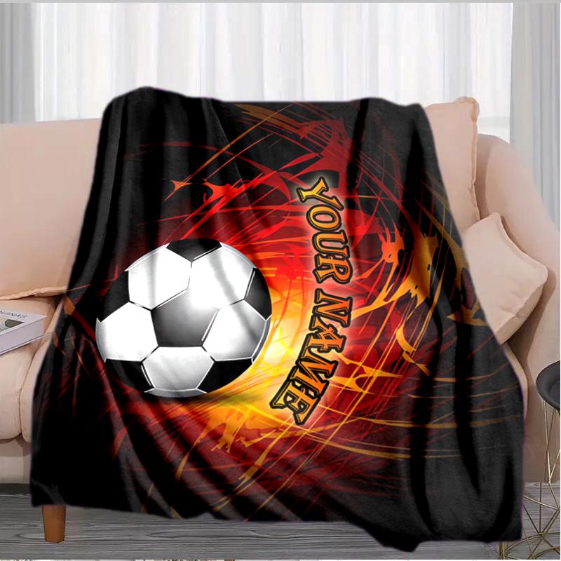 1PC Custom Name Soccer Ball Fire Flannel Blankets Patterns Throw Blanket All-Season Soft Gift for Couch, Bed, Camping Gifts