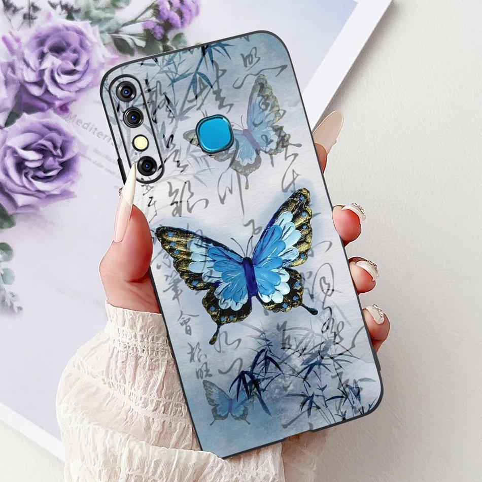For Infinix Hot 8 Phone Case Hot 8 Lite Hot8 X650 X650C X650B X650D Elegant Floral Cat Pattern Black Silicone Soft TPU Cases