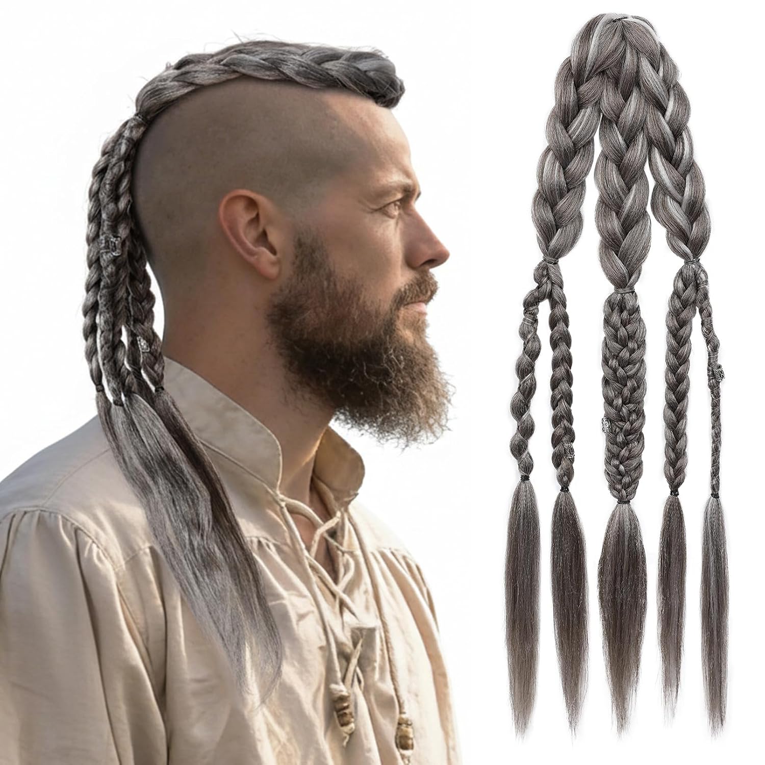 Extensii de Păr Viking pentru Bărbați 24  Coadă de Păr Împletită cu Clips, Realizată Manual, pentru Costum Viking de Halloween, Accesorii Războinic Renaștere black