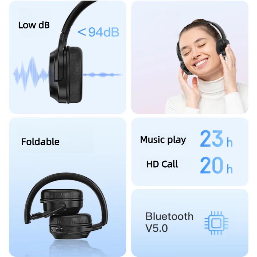 Newmine TB106 Headphones, Over-Ear Bluetooth Wireless Headphones, Long Battery Life, Noise-Cancelling, Foldable, Black