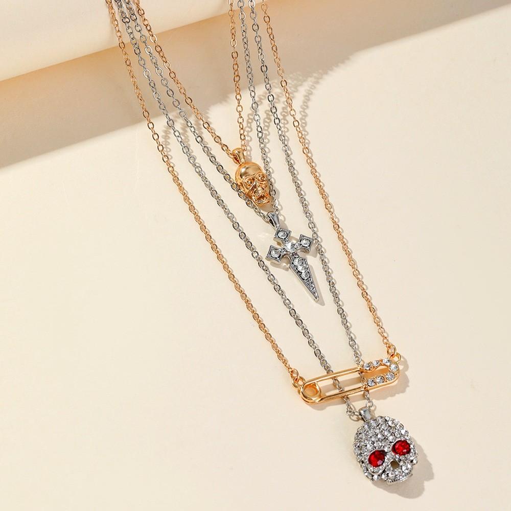 Halloween Cross Skull Pendant Necklace With Alloy And Water Wave Chain Women For