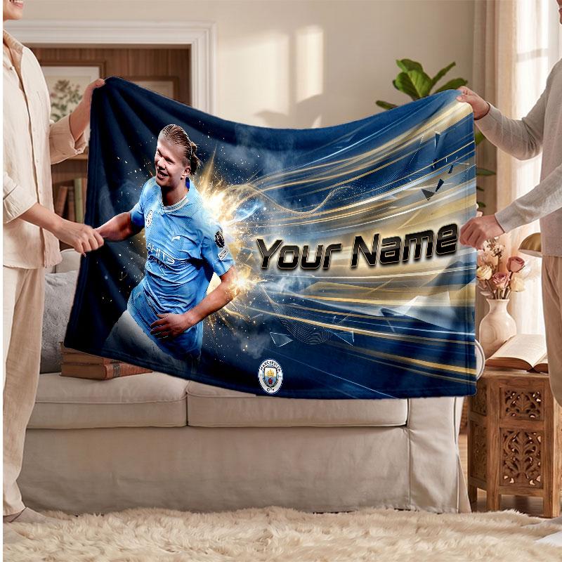 Erling Haaland Personalized Fleece Blanket With Football Logo, Custom Name Text Soft Warm Home Throw Blanket