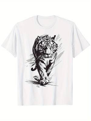 Walking Tiger Graphic Tee Unisex Cotton Crew Neck Short Sleeve TShirt