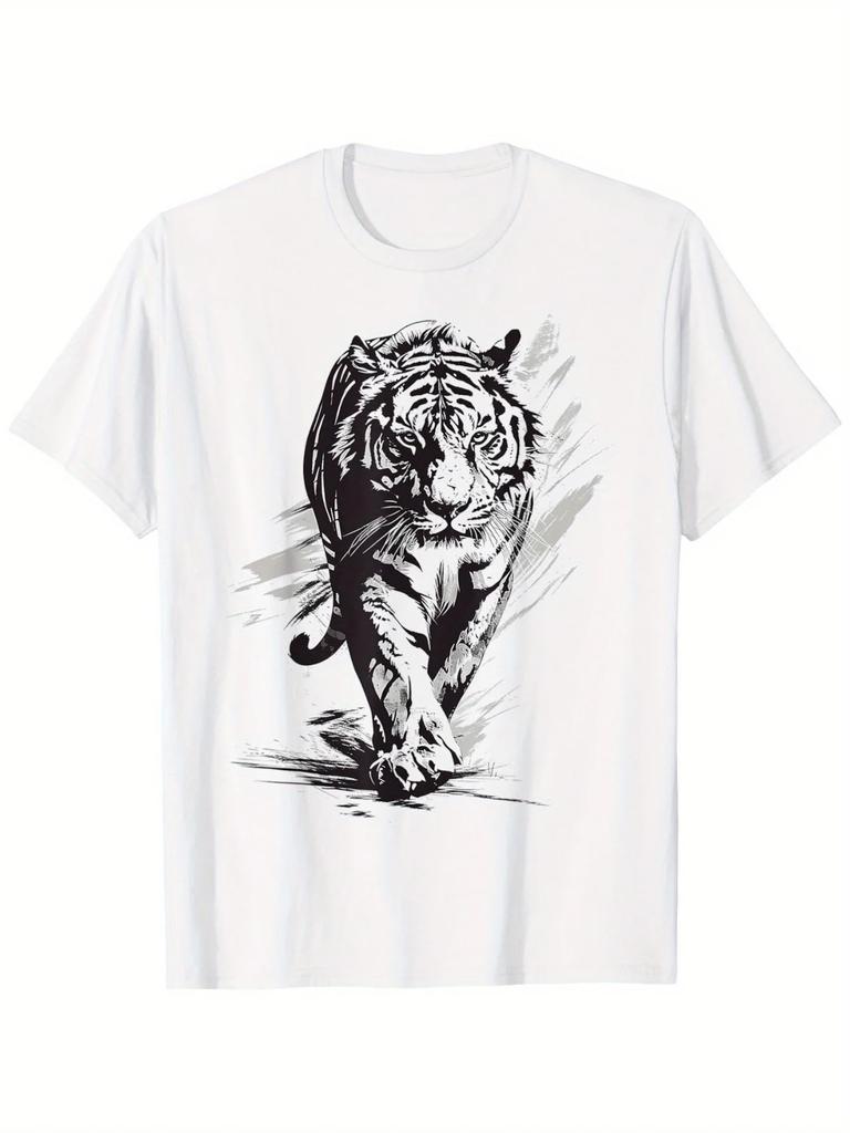 Walking Tiger Graphic Tee Unisex Cotton Crew Neck Short Sleeve TShirt