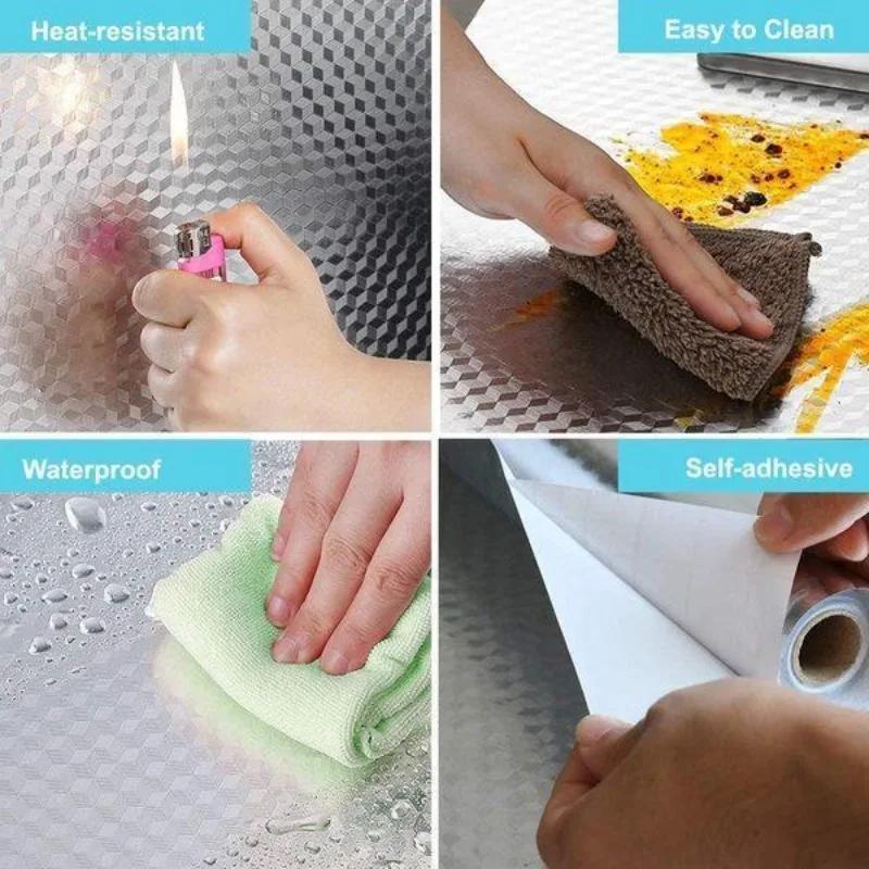 1 PC Kitchen Wallpaper Stickers Self Adhesive Aluminum Foil Oil Proof Waterproof Stickers for Countertop Drawer Cabinets Shelf Line