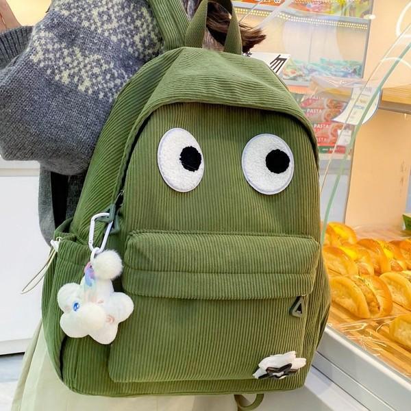 Schoolbag big eyes corduroy backpack high value women's backpack student schoolbag casual backpack large capacity backpack