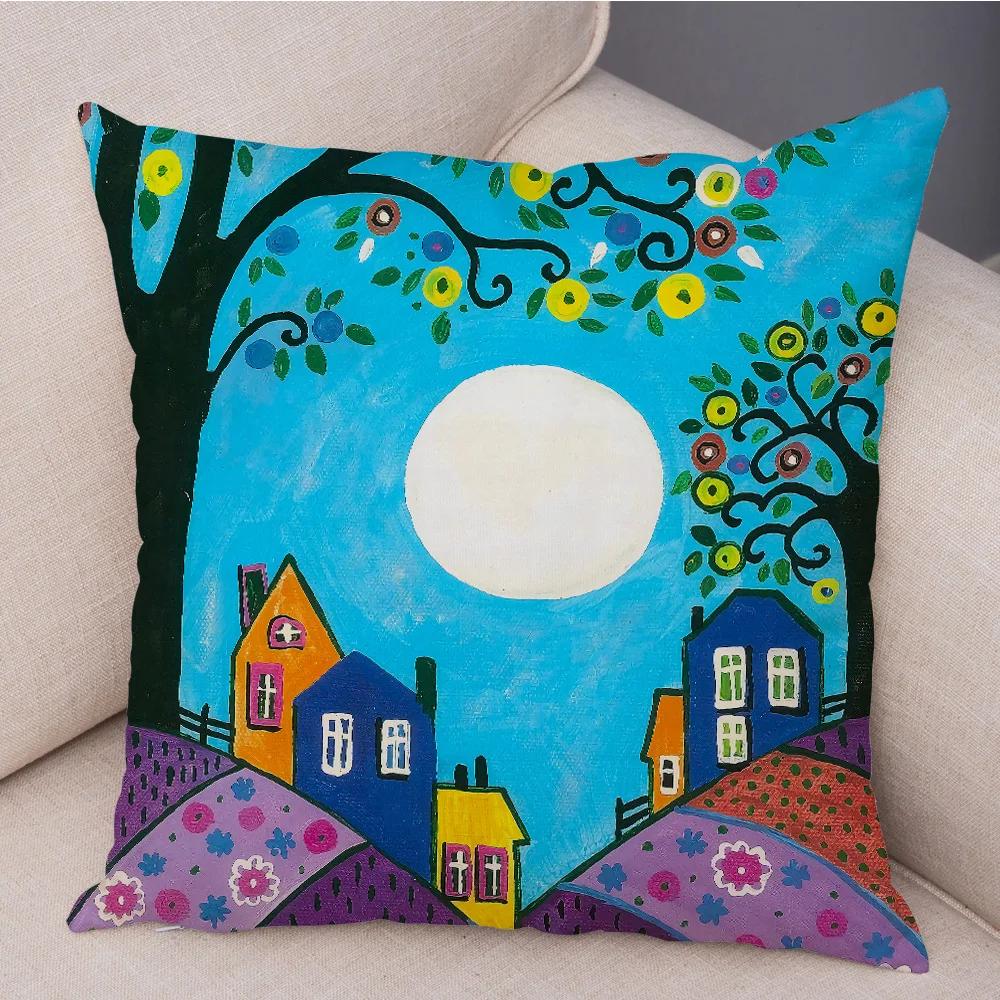 Colorful Cartoon Retro Rural Color Printed Pattern Home Cushion Cover Living Room Sofa Bedroom Decoration Pillowcase