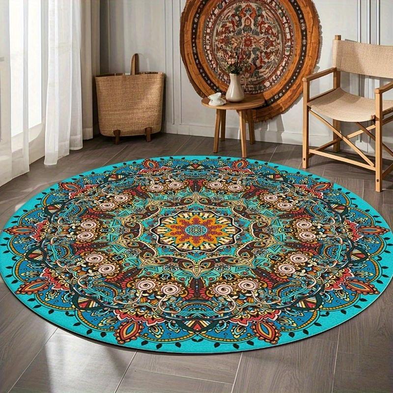 Crystal velvet carpetVibrant Mandala Round Mat- Blue Green Orange Red Floral Pattern- Suitable for Home, Office, Bedroom or Cafe
