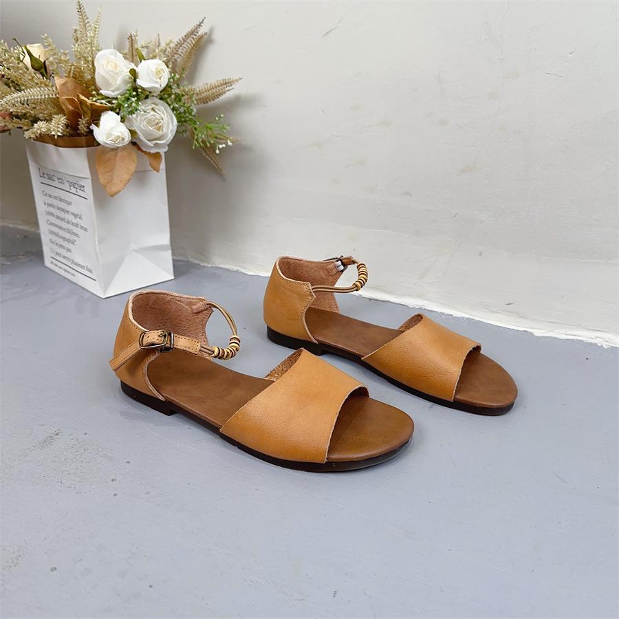 Johnature Genuine Leather Flat Sandals Handmade Leisure Peep Toe Belt Buckle Soft Sole Women's Shoes