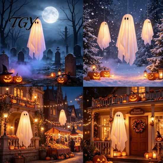 Beleuchtetes Geister-Set für Bäume 3 Stück Halloween Beleuchtete Hängende Dekorationen, Leuchtende Warme LED Schwebende Geister, Schwingende Ornamente Außen Display Baum