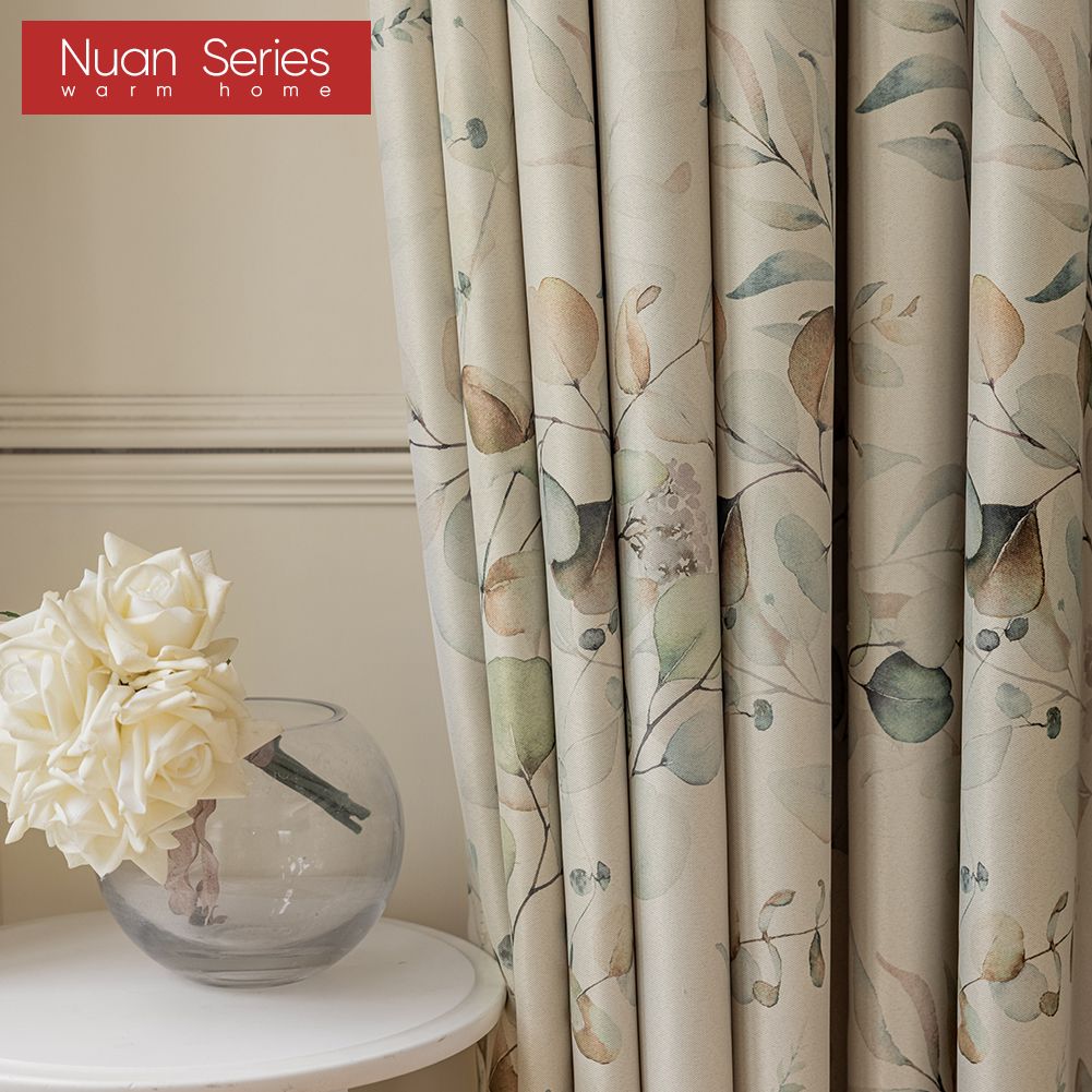1PC Nuan Series 70-80% Blackout, Hand Painted Green Plant Printed Curtains, American Pastoral Style Curtains for Bedroom Living Room Home Decor