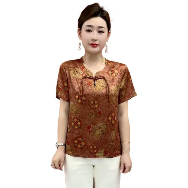 Summer 2026 Retro Chinese Style Printed T-shirt for Middle-Aged & Elderly Women - Slimming Short Sleeve Round Neck