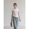 White round neck hem ruffle edge front shoulder short-sleeved T-shirt women's summer new waist and thin irregular small top