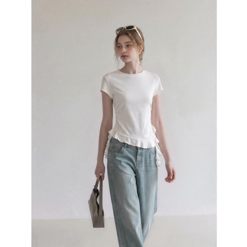 White round neck hem ruffle edge front shoulder short-sleeved T-shirt women's summer new waist and thin irregular small top