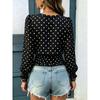 Loose V Neck Polka Dot Print Long Sleeve Casual Women T Shirt