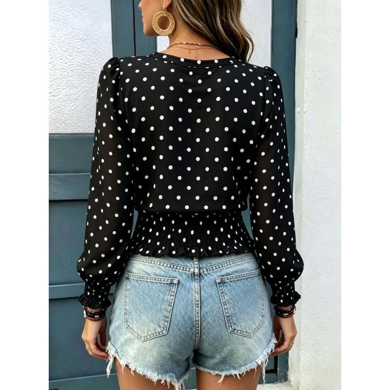 Loose V Neck Polka Dot Print Long Sleeve Casual Women T Shirt