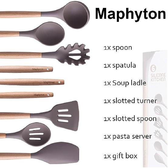 Mapthon Silicone Cooking Kitchen Utensils Set 6 PCS with Wooden Handle for Non-Sticker Cookware Heat-Resistant Kitchen Gadgets Serving Spoons,