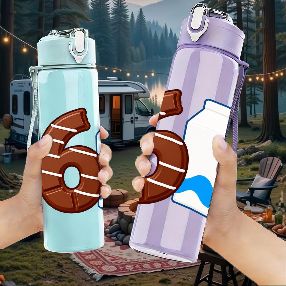 1PC Number Six Milk Bottle Combo Print 750ml Color Plastic Water Bottle Leakproof Flip Straw Lid For Sports Office Home Use