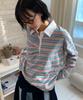 RONRON Double Shirring Stripe Collar Long Sleeve Pink